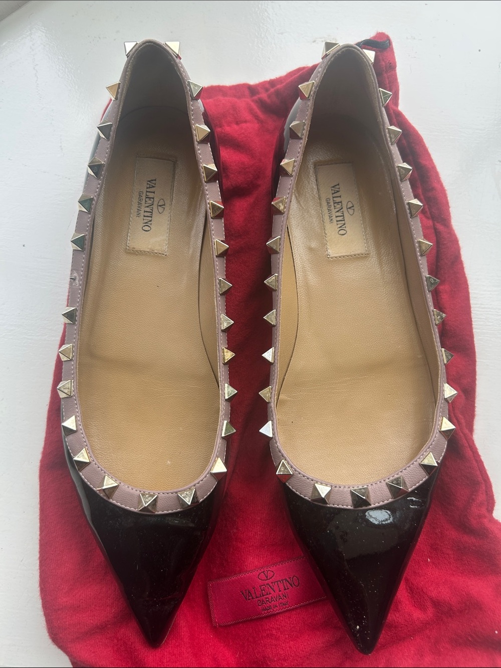 Valentino Garavani Black Patent Pointed Flats with Pink Trim and Gold Studs